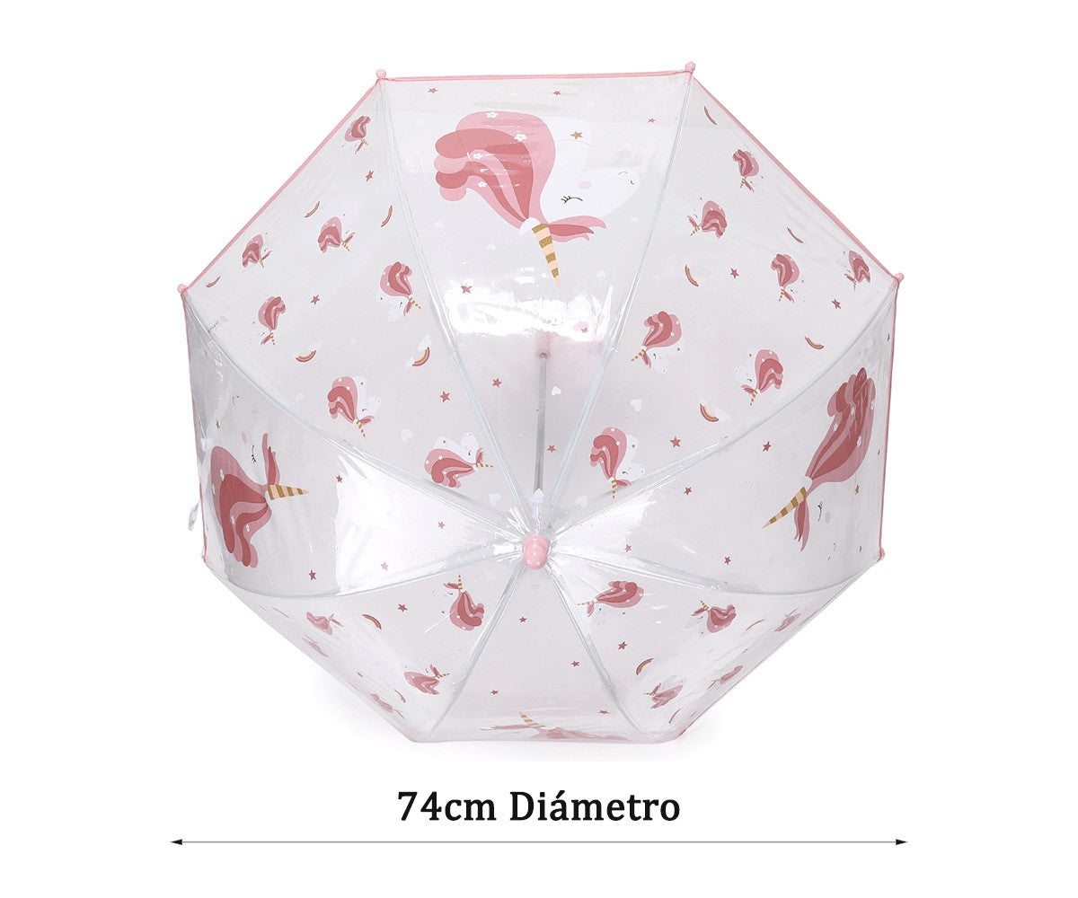 Parapluie transparent Tutete Licorne Magique — vue du diamètre ouvert 74 cm