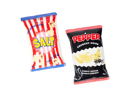 Salt and pepper shakers shaped like popcorn and chip bags