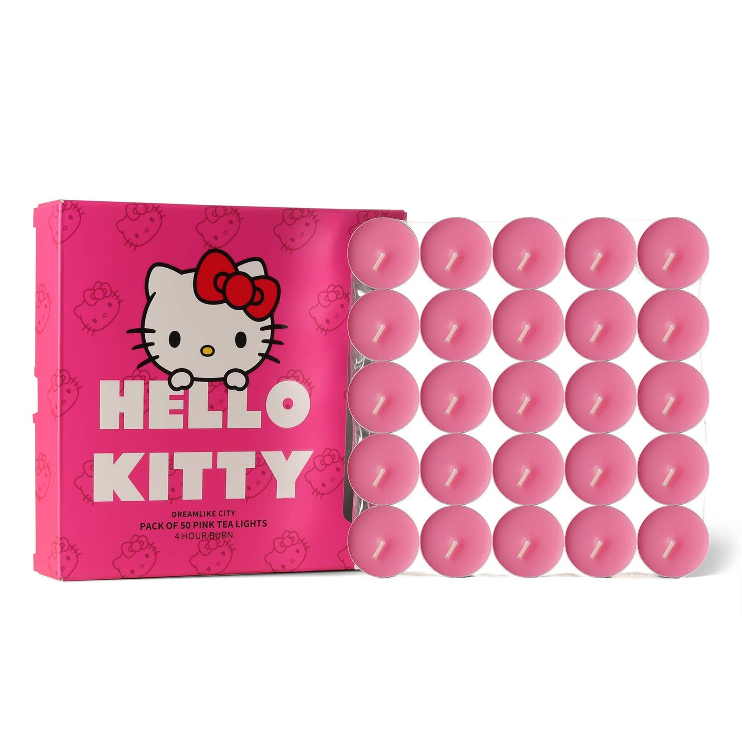 Hello Kitty Teelichter in Rosa, 50er-Packung, Duftrichtung „Dream City“.