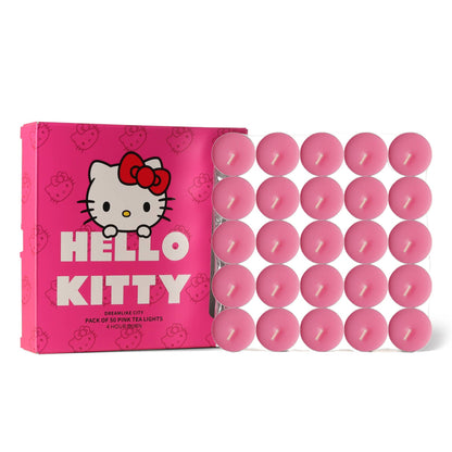 Hello Kitty Teelichter in Rosa, 50er-Packung, Duftrichtung „Dream City“.