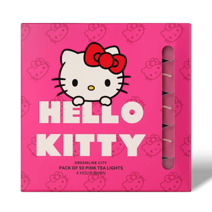 Hello Kitty Teelichter in Rosa, 50er-Packung, Duftrichtung „Dream City“.