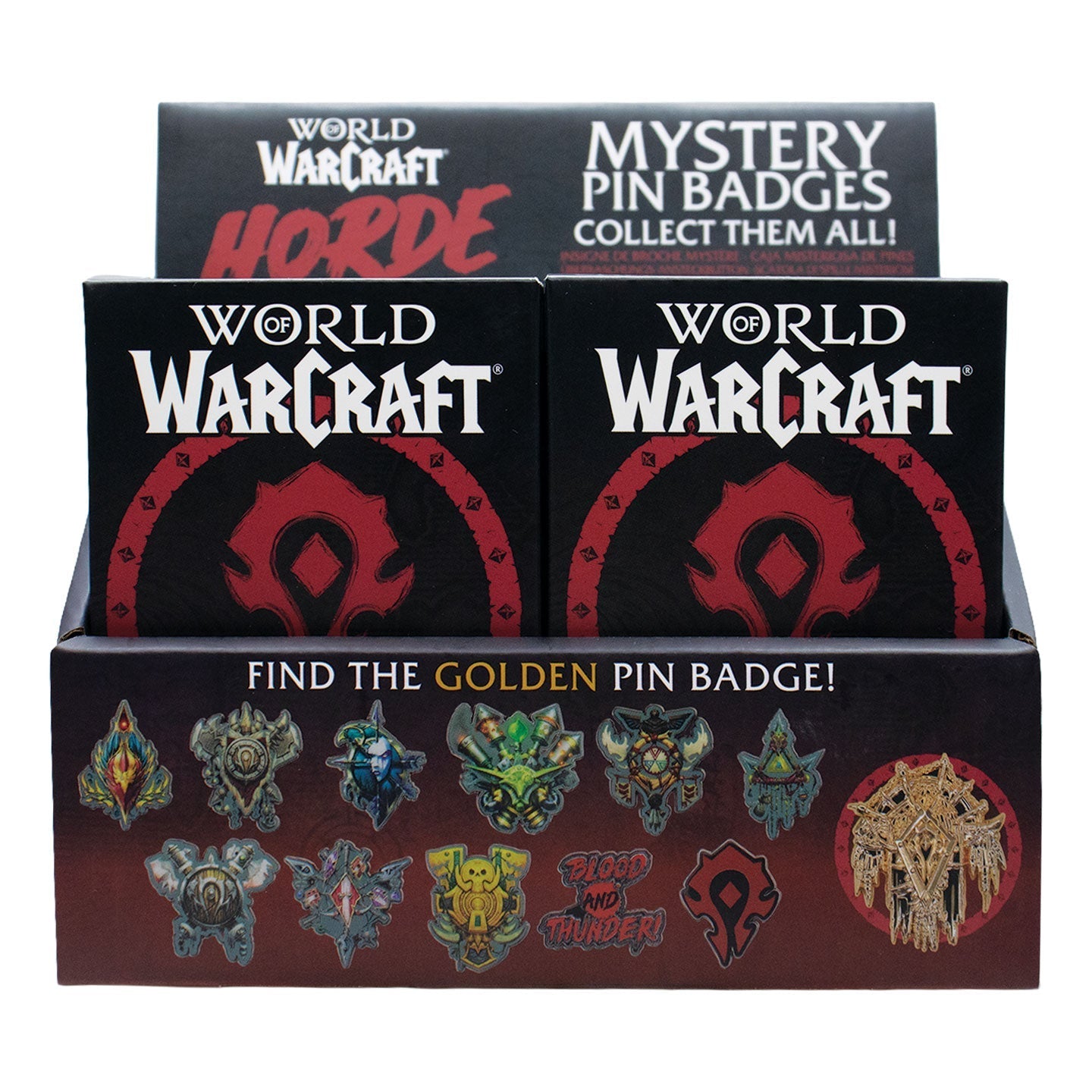 Display de 12 blind boxes World of Warcraft Horde - pin’s mystère - présentoir avant
