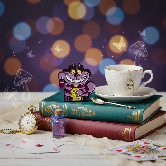 Lila Glückskatzen-Anstecker "Cheshire Cat"