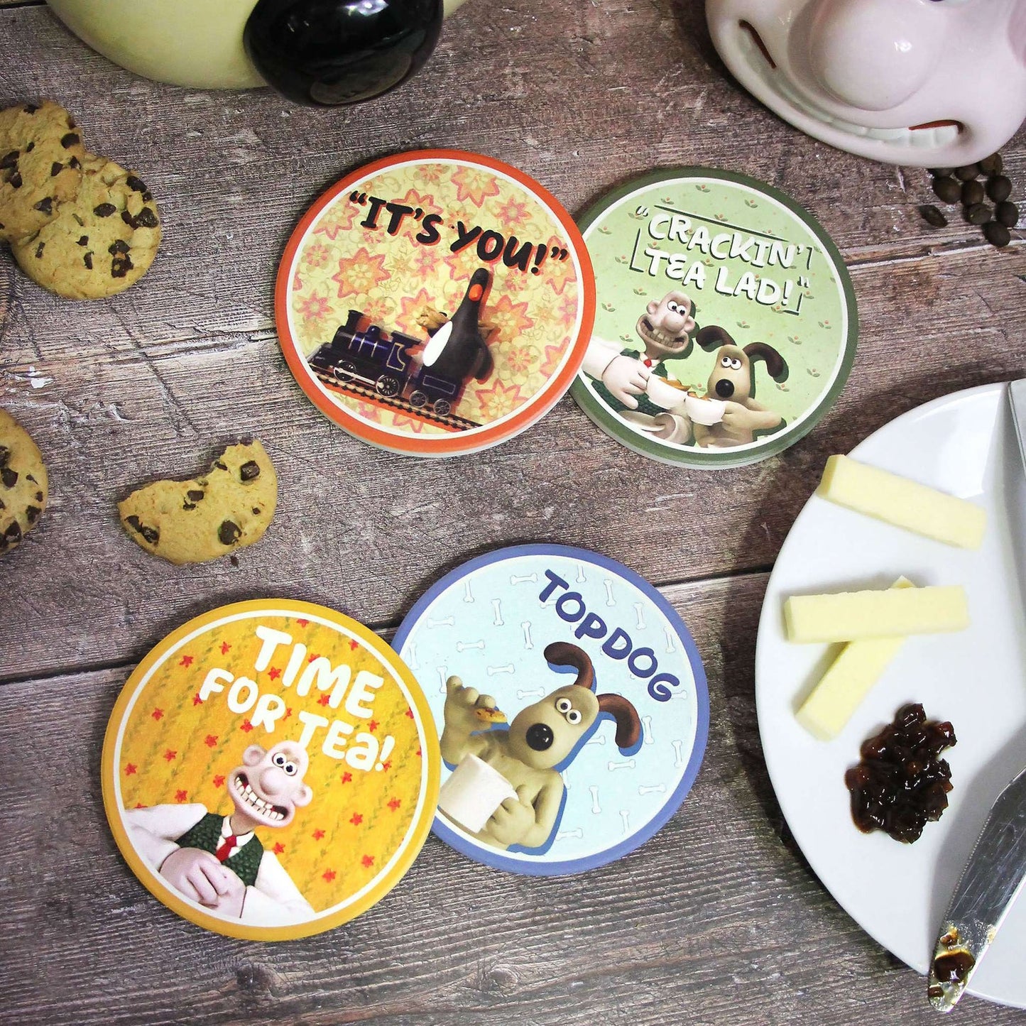 4 Wallace & Gromit Keramikuntersetzer-Set