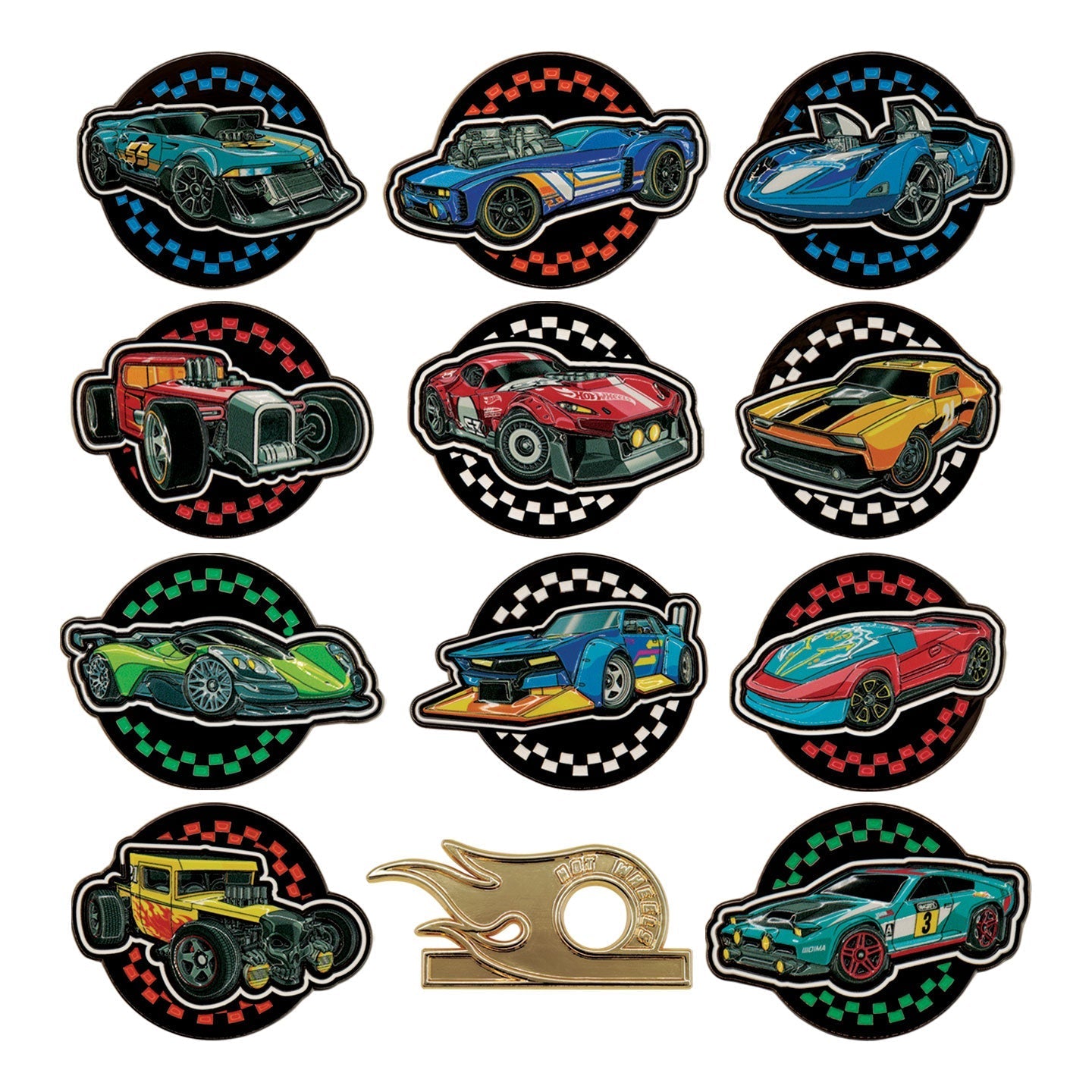 Display de 12 blind boxes Hot Wheels - pin’s mystère - ensemble des pin’s