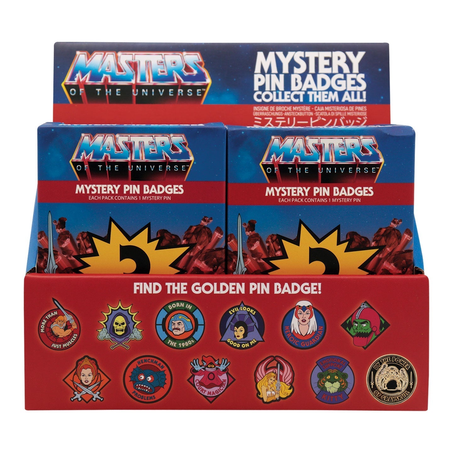 Display de 12 blind boxes Masters of the Universe - pin’s mystère - présentoir avant
