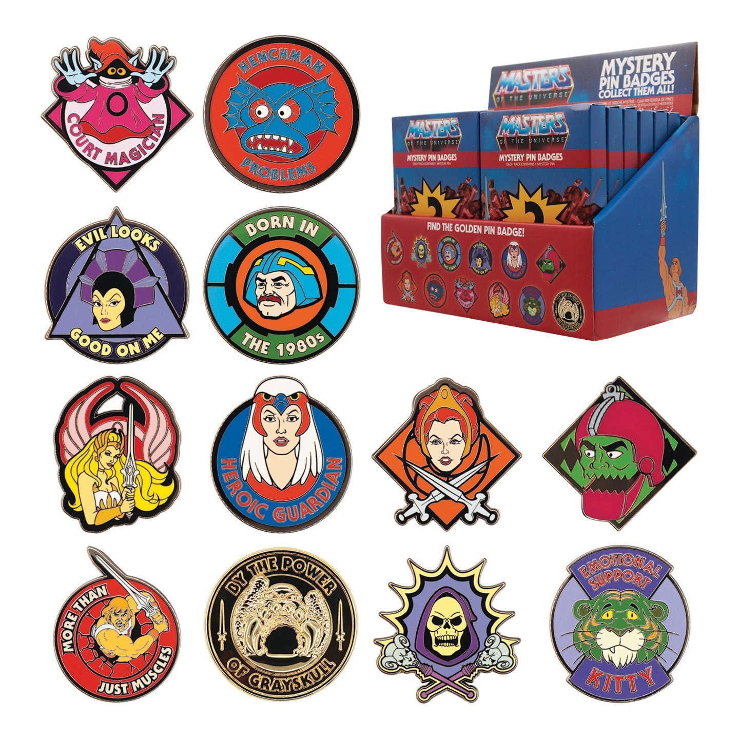 Display de 12 blind boxes Masters of the Universe - pin’s mystère - packaging principal