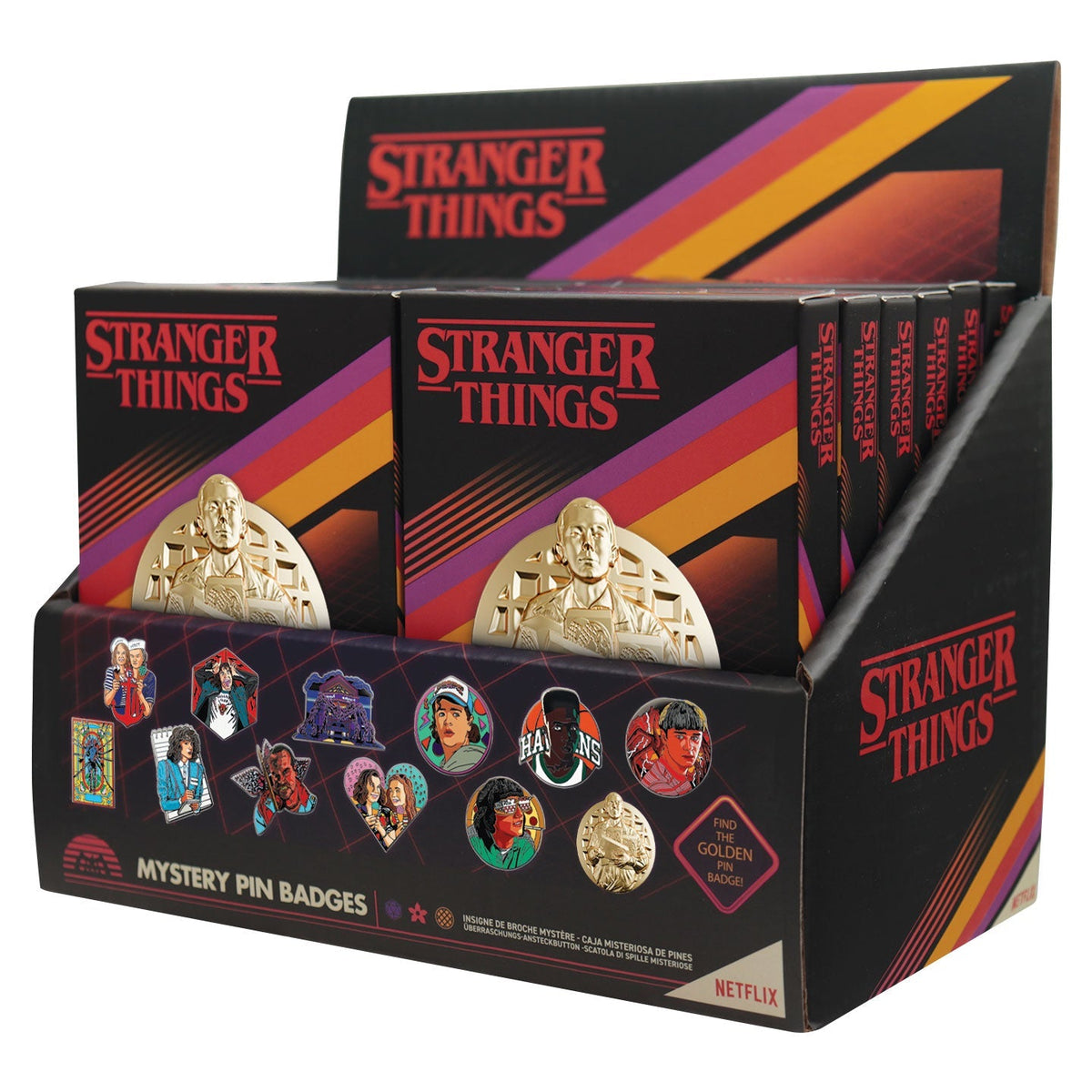 Display de 12 blind boxes Stranger Things - pin’s mystère - présentoir angle