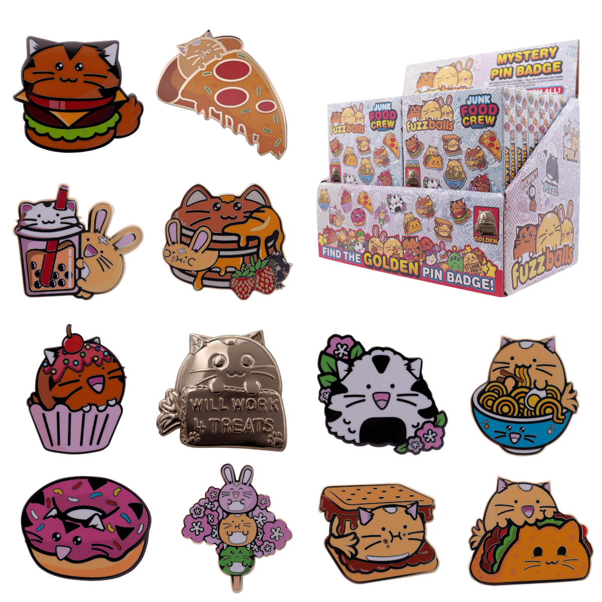 Display de 12 blind boxes Fuzzballs - pin’s mystère - packaging principal