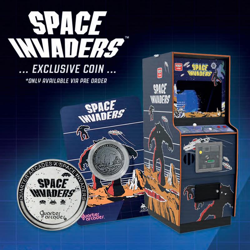 Space Invaders Quarter Size Arcade Cabinet + Münze.