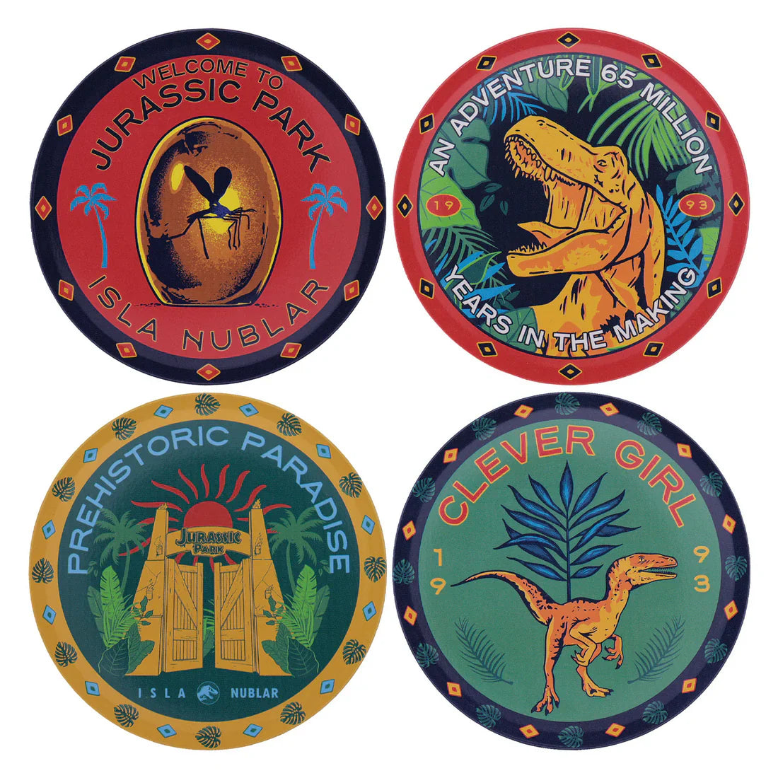 jurassic park set of 4 printed metal drinks coasters fanattik