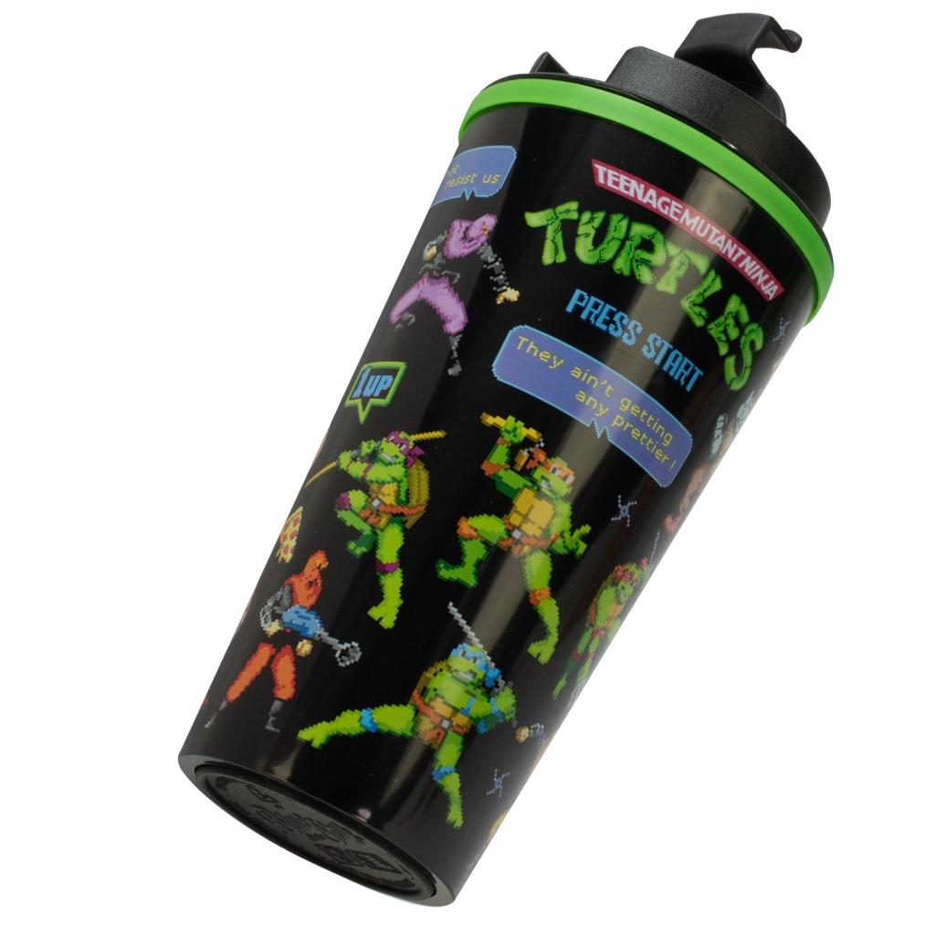 Mug isotherme de voyage Tortues Ninja 450 ml TT713838 – vue du décor pixel art et bouchon