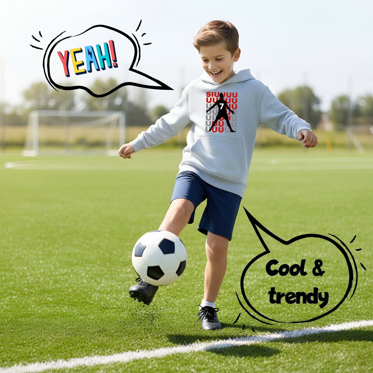 Sweat à capuche football – Fringoo gaming gris for Boys Cotton Rich Soft Hooded – Cristiano SIUUU gris