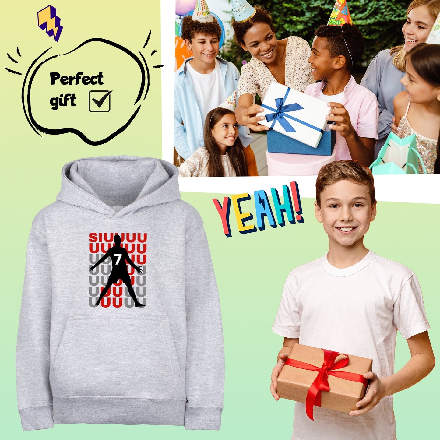 Sweat à capuche football – Fringoo gaming gris for Boys Cotton Rich Soft Hooded – Cristiano SIUUU gris