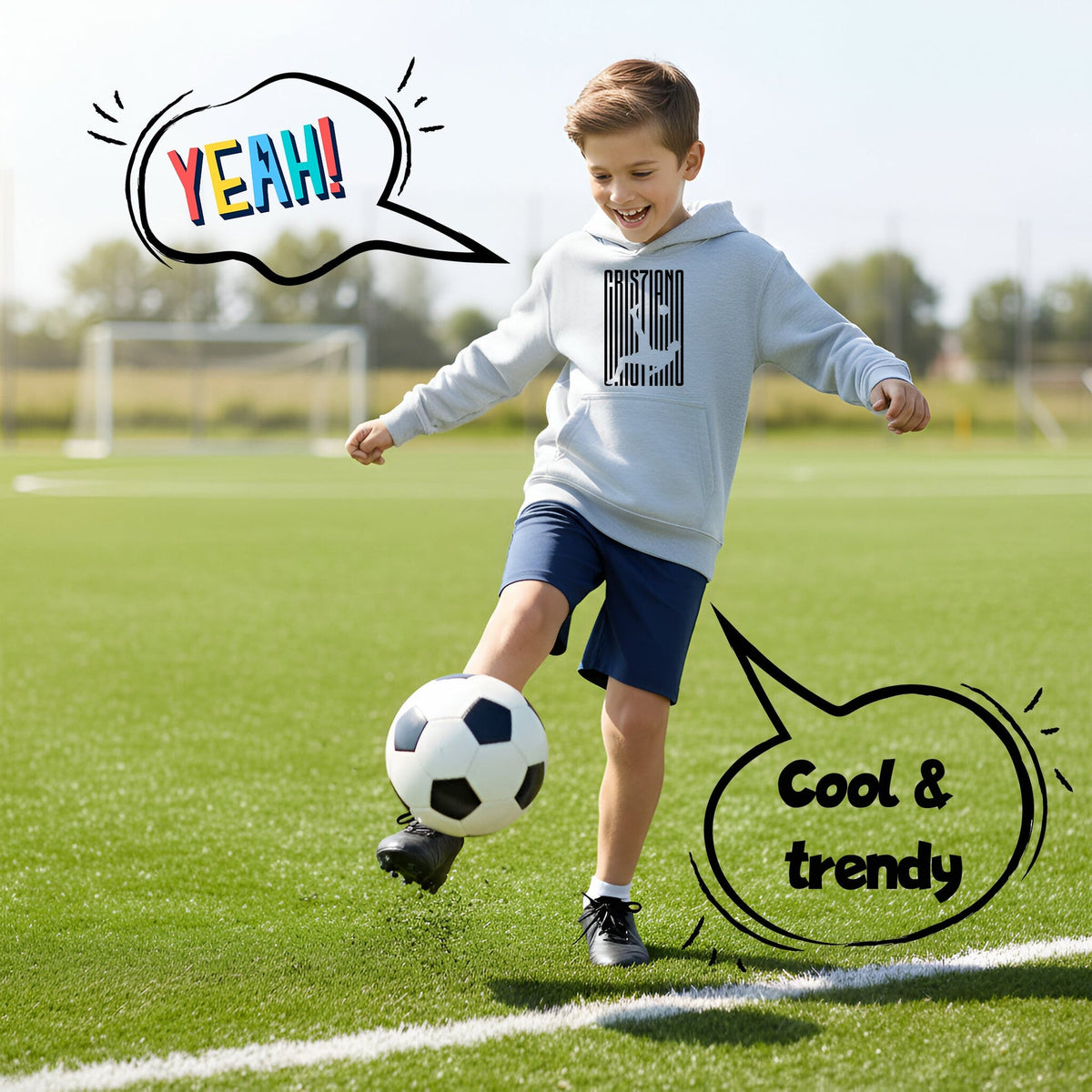 Sweat à capuche football – Fringoo gaming gris for Boys Cotton Rich Soft Hooded – Cristiano Kick gris