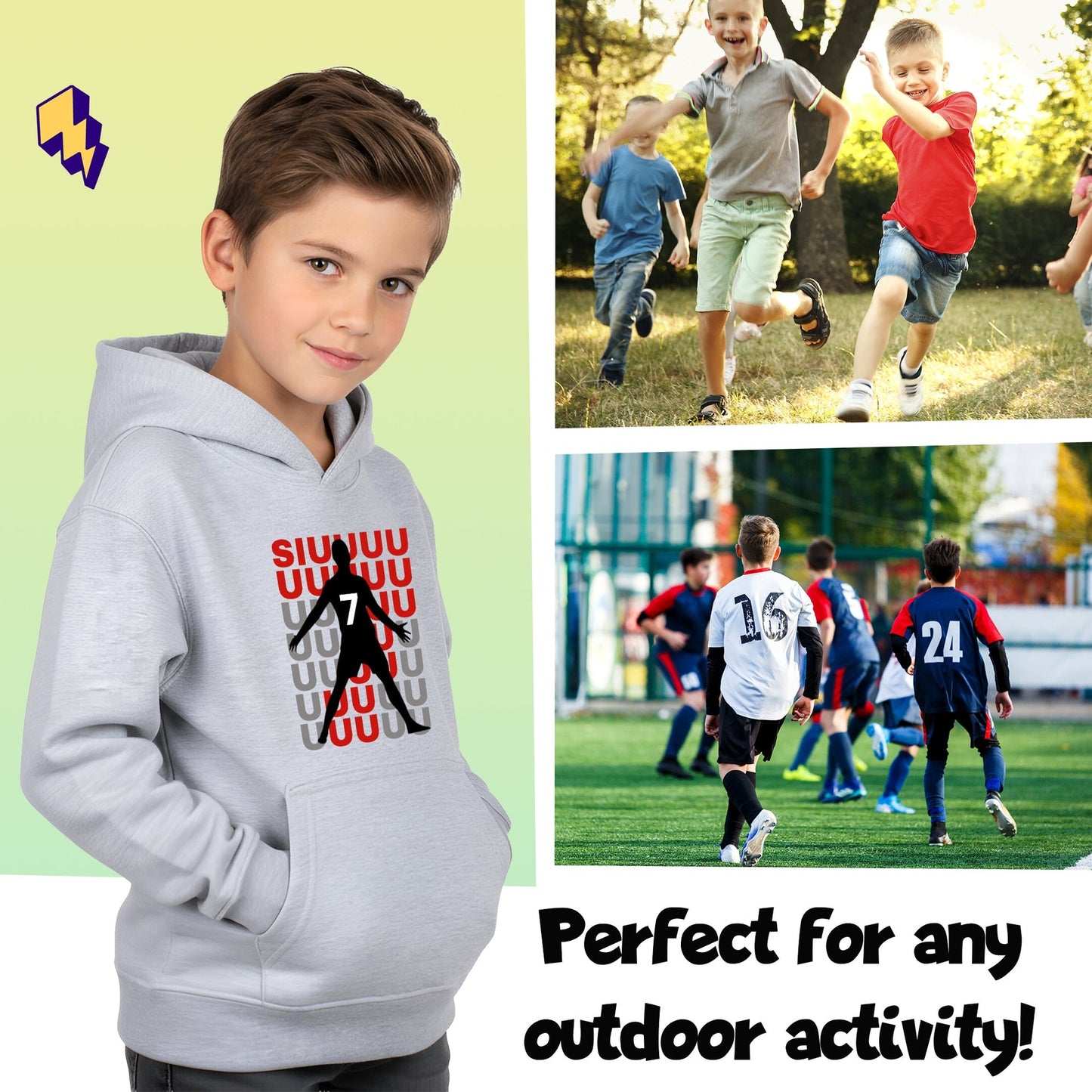 Sweat à capuche football – Fringoo gaming gris for Boys Cotton Rich Soft Hooded – Cristiano SIUUU gris