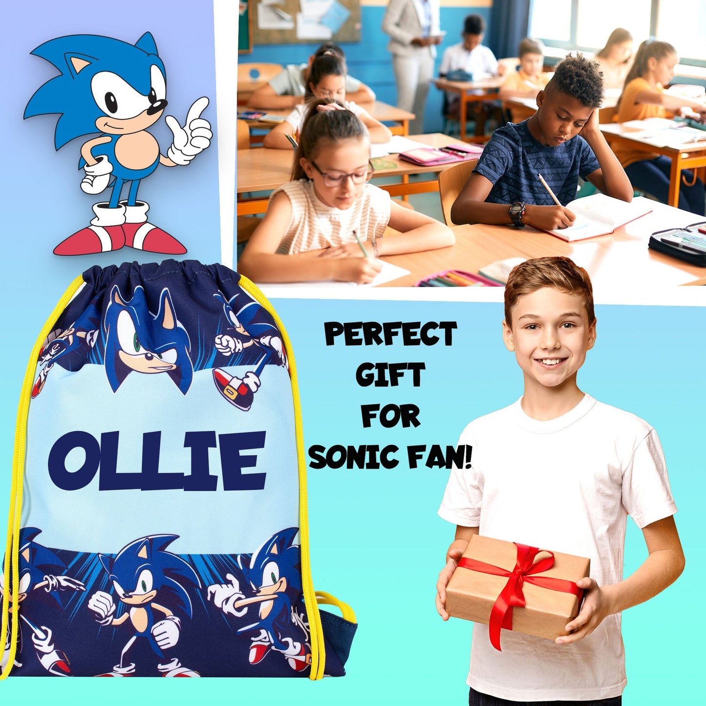 Official Sonic the Hedgehog PE Sac à cordon, with your child's full name.