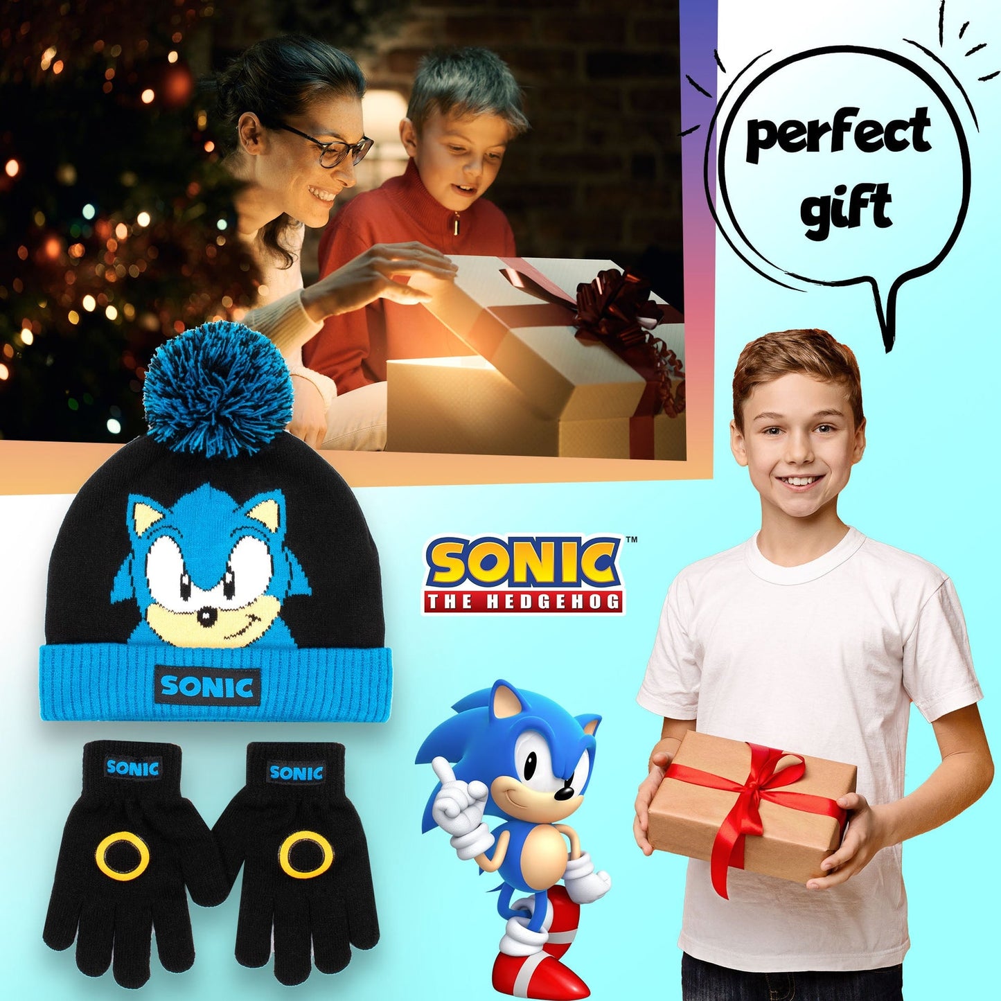 Ensemble bonnet et gants – Sonic THE HEDGEHOG Winter Set for Boys-noir